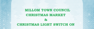 christmas market. text on blue background The Millom Christmas Market & Light Switch On